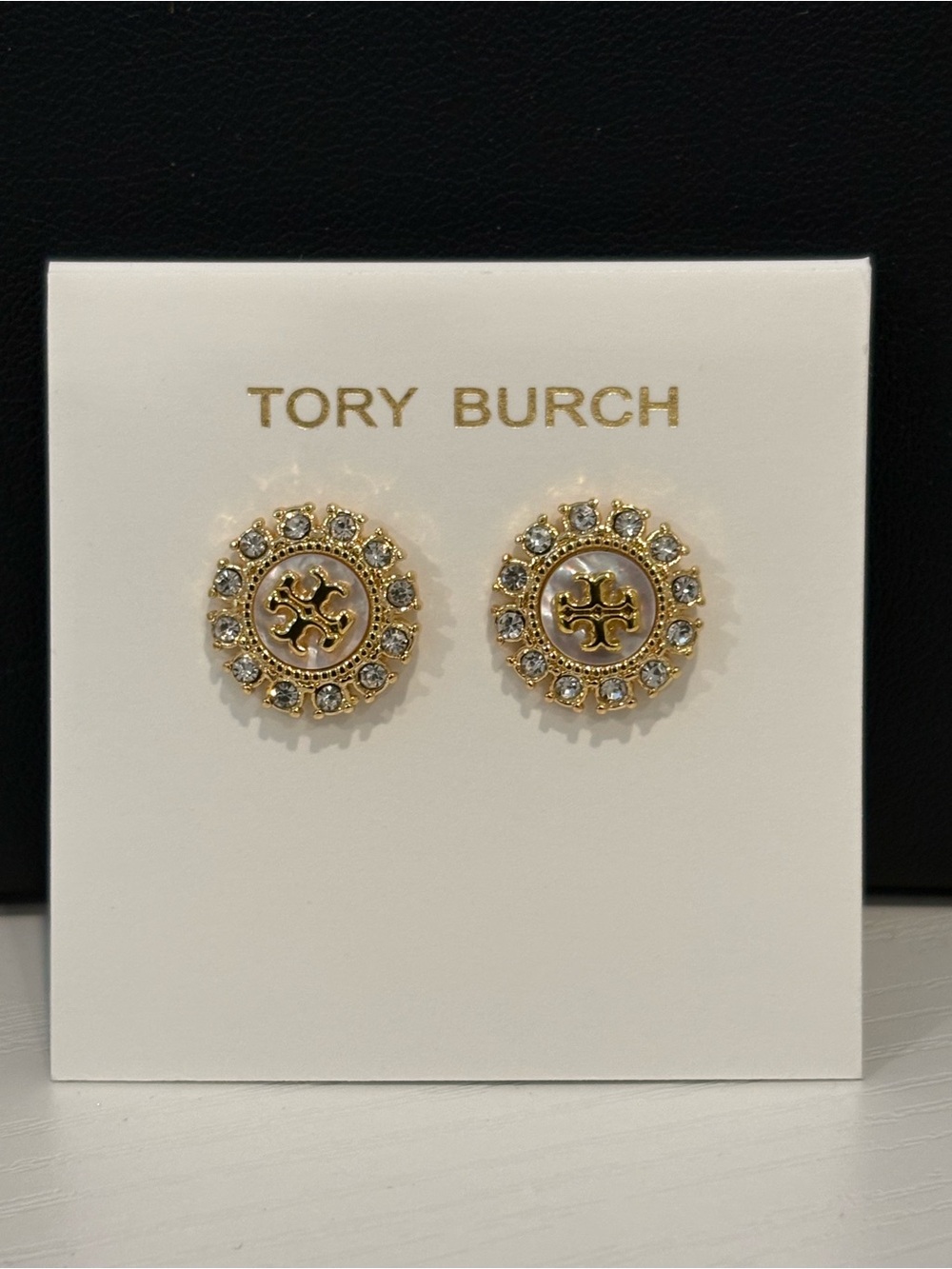 Tory Burch Gold and Crystal Round Logo Earrings